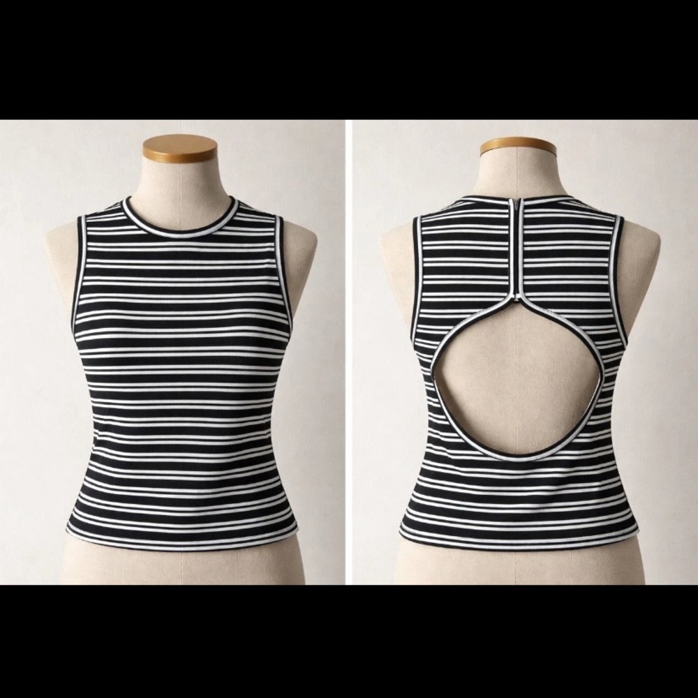 Sleeveless Striped Open-Back Tank Top - Black & White